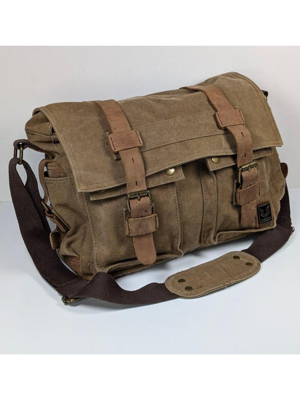 Peacechaos Brown Canvas & Leather Shoulder Bag Laptop Camera Messenger Unisex